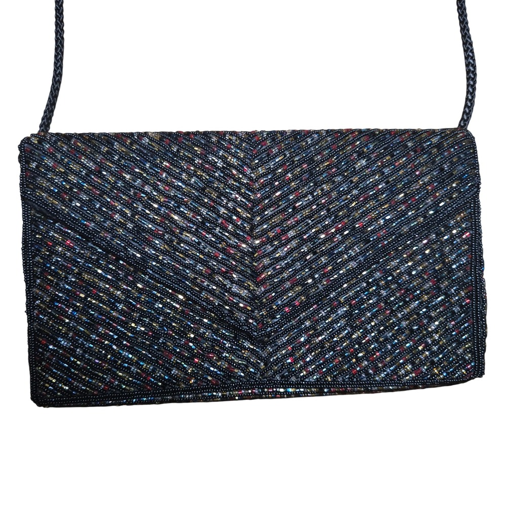 Danieli Beaded Clutch Bag VTG Black Chevron Pattern Blue Red Yellow White Beads